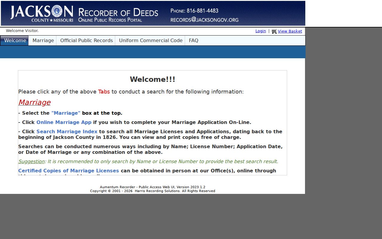 Blue Springs street directory reference showing the Aumentum official public records search menu