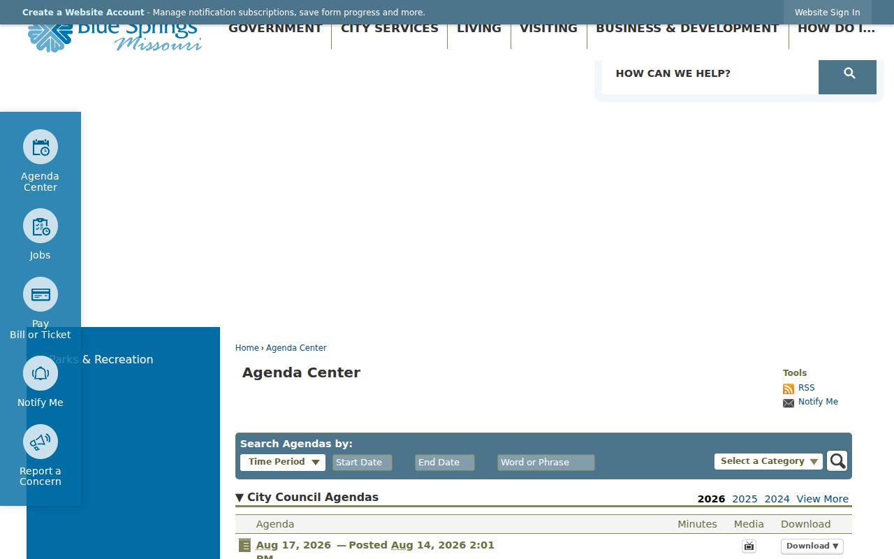 Blue Springs ZIP code directory reference showing city agenda annexation entries