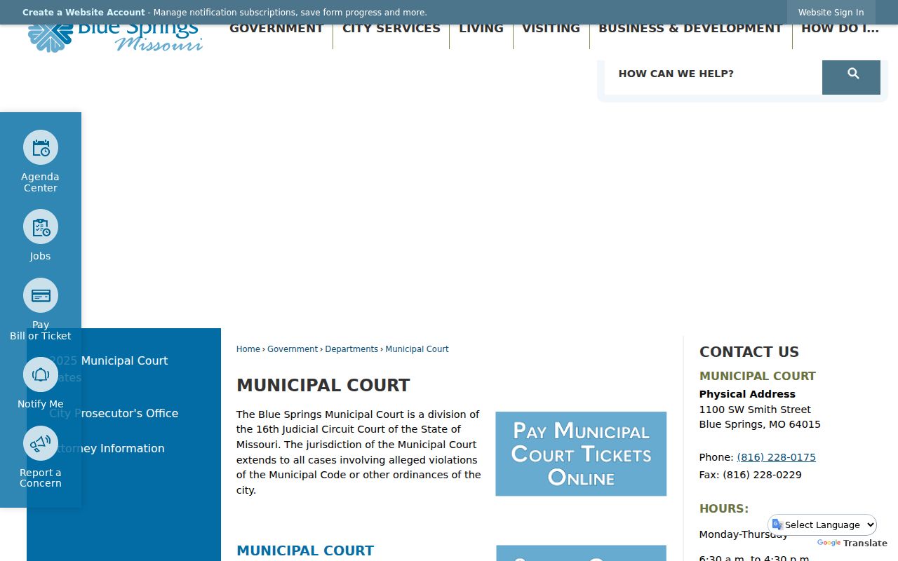 Blue Springs residents directory Municipal Court docket and contact information