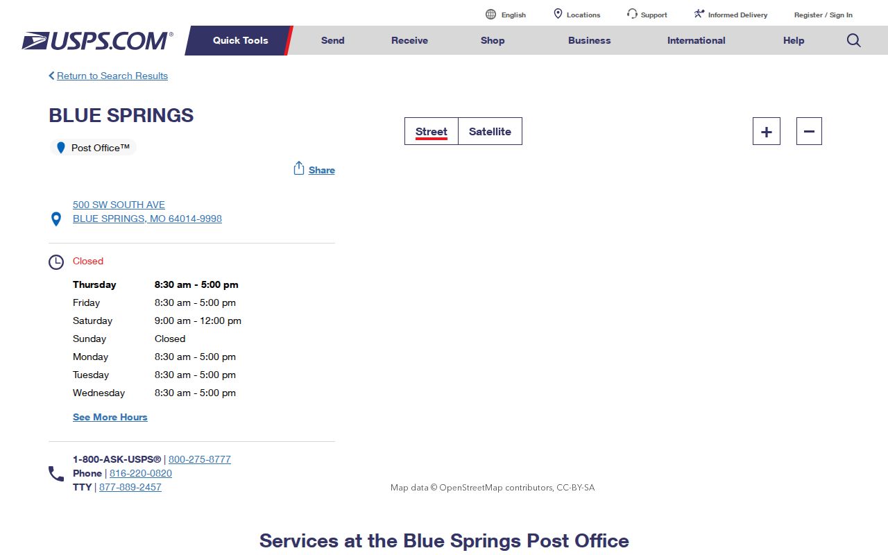 Blue Springs ZIP code reference showing the USPS Blue Springs Post Office listing