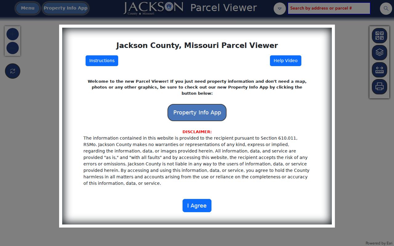 Blue Springs street directory reference showing the Jackson County GIS Parcel Viewer