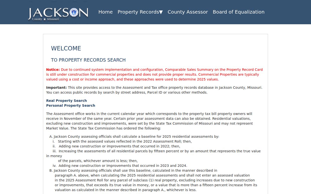 Blue Springs street directory reference showing the Jackson County property assessment search entry